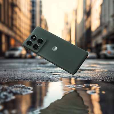 A moto edge floating over a puddle in an urban area.