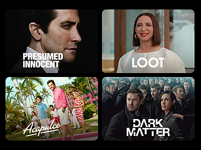 TV shows and movies on Apple TV Plus, featuring Presumed Innocent, Loot, Acapulco, and Dark Matter.