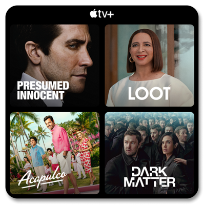 TV shows and movies on Apple TV Plus, featuring Dark Matter, Loot, Acapulco, and Presumed Innocent.