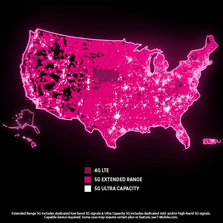 A map of the United States showing T-Mobile’s coverage for 4G LTE, 5G Extended Range, and 5G Ultra Capacity. Legal Disclaimer: Extended Range 5G includes low-band 5G signals. Ultra Capacity 5G includes dedicated mid- and/or high-band 5G signals & covers hundreds of cities and millions of people, with more added all the time; see T-Mobile.com/5Glayers. Capable device required. Some uses may require certain plan or feature; see T-Mobile.com