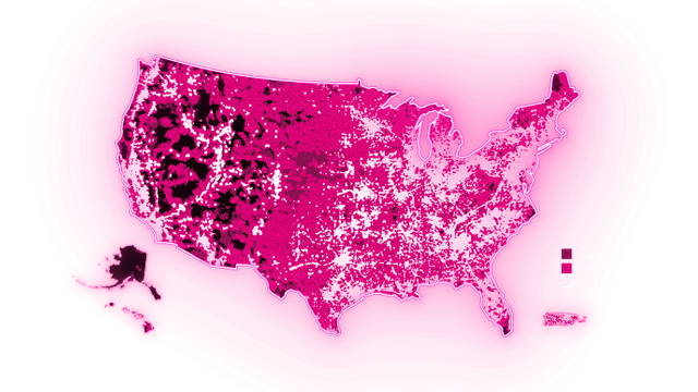 Map of the US lit up in magenta, showing T-Mobile’s vast coverage.