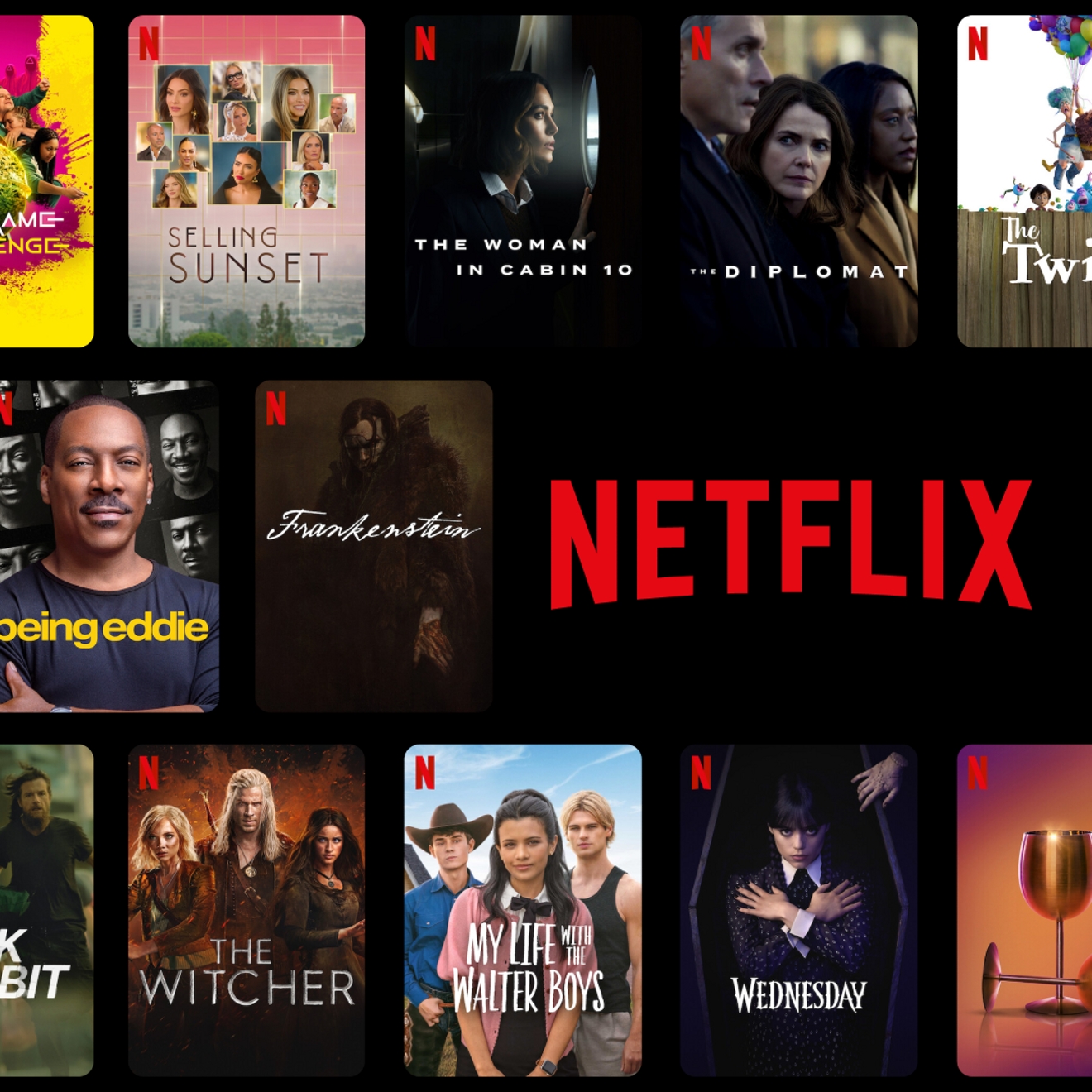 A collage of hit Netflix shows and movies, like Black Rabbit, Wednesday, and Squid Game.