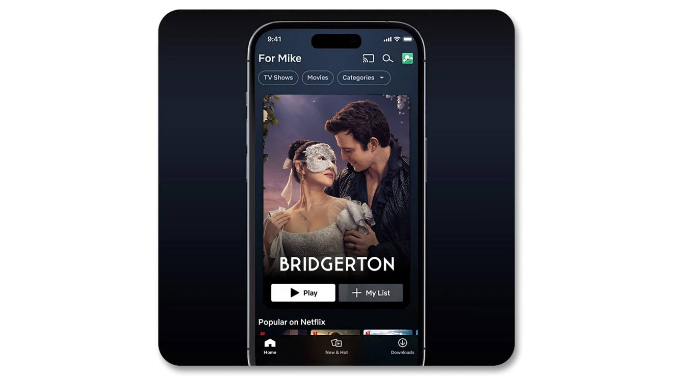 Promo artwork for Netflix show–Bridgerton on iPhone screen.