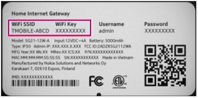 Nokia 5G21 Gateway Label with an outline around the Wi-Fi SSID and Wi-Fi password