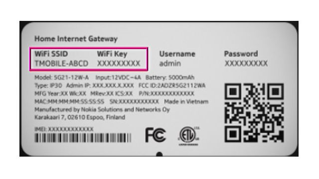 Nokia 5G21 Gateway Label with an outline around the Wi-Fi SSID and Wi-Fi password