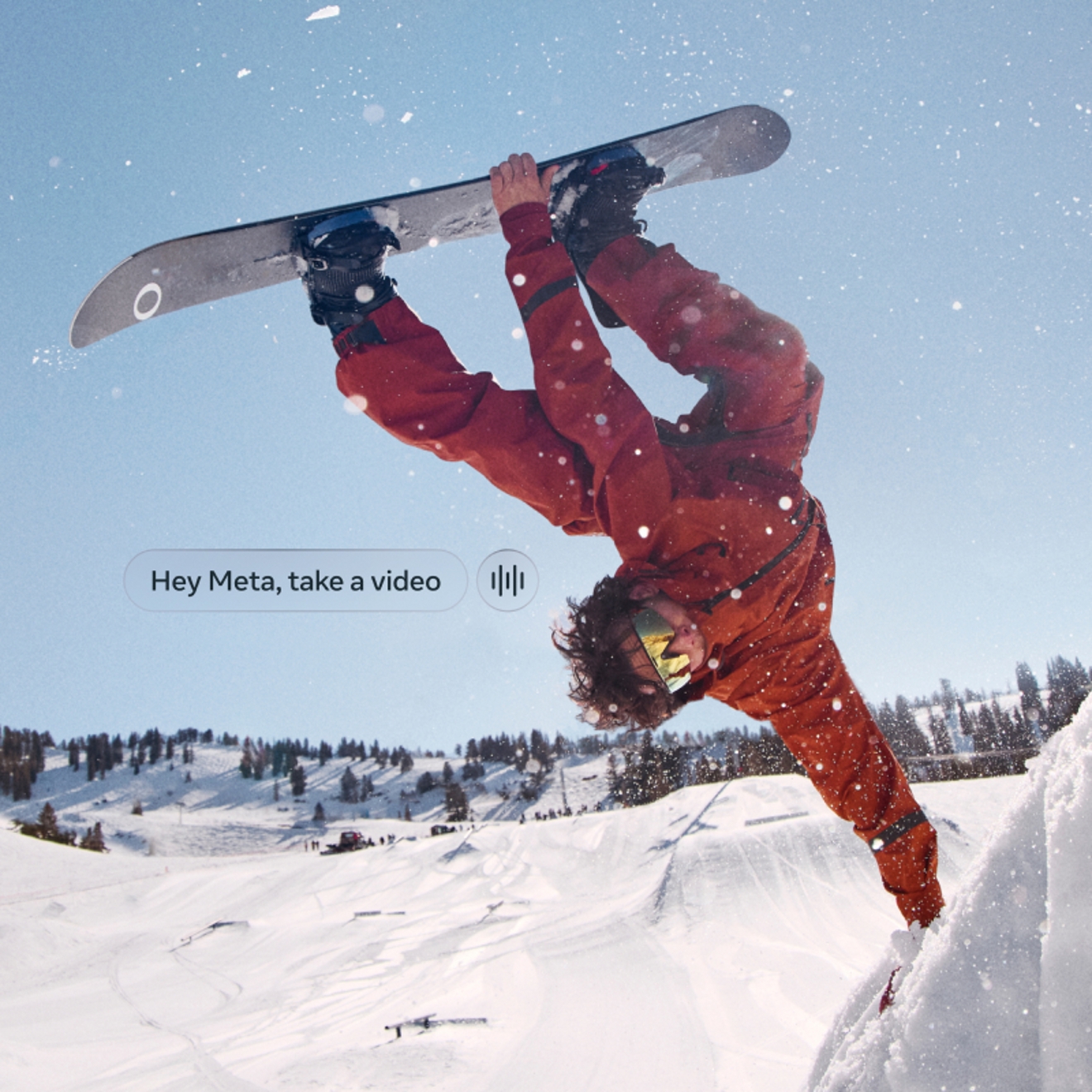 Snowboarder asking questions with Oakley Meta Vanguard glasses