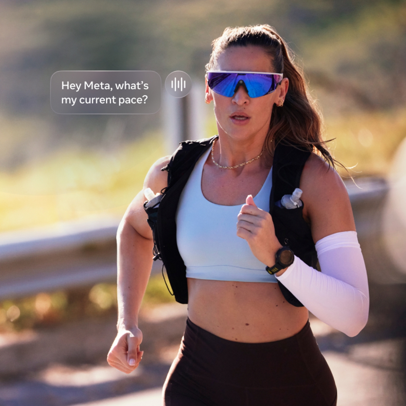 Woman running with Oakley Meta Vanguard glasses