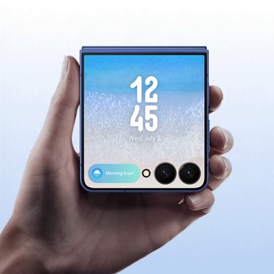 A folded Galaxy Z Flip7 displaying the time, date, and Morning brief on the outer screen.