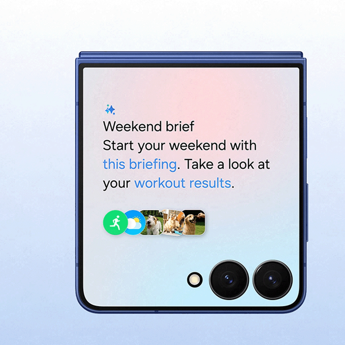 A folded Galaxy Z Flip7 displaying the Weekend brief on the outer screen.