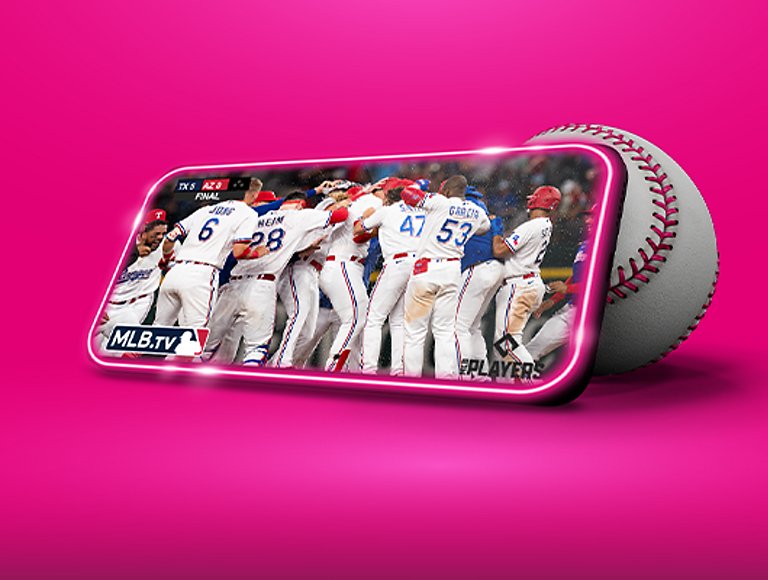 A phone streaming a Major League baseball game while laying against a baseball.