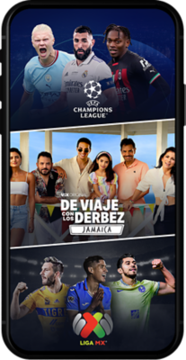 ViX Premium on a phone featuring Champions League, De Viaje con los Derbez, and Liga MX.