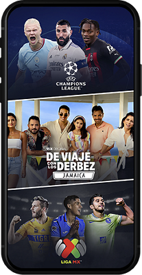 Teléfono con ViX Premium en pantalla y transmitiendo Champions League, De Viaje con los Derbez y Liga MX.