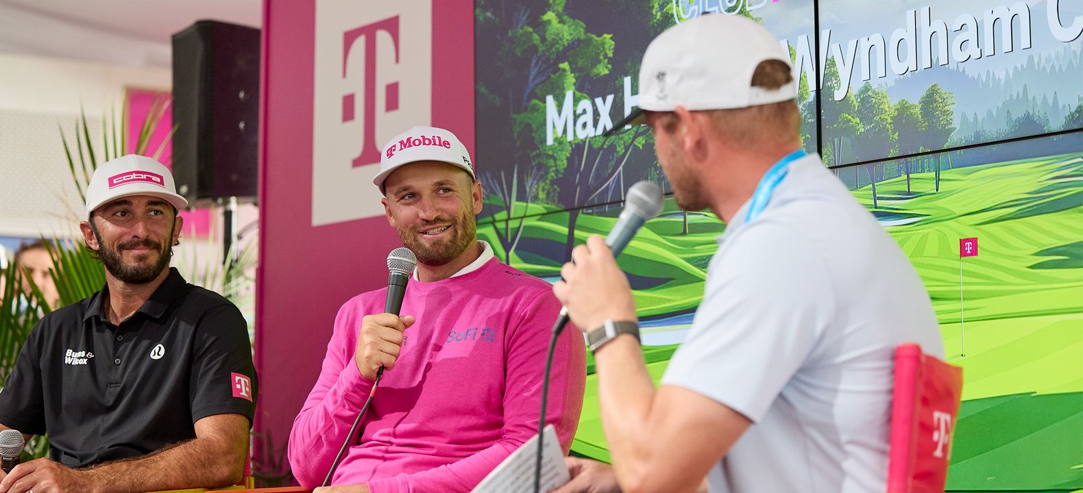 Wyndham Clark and Max Homa doing a Q&A at Club Magenta. 