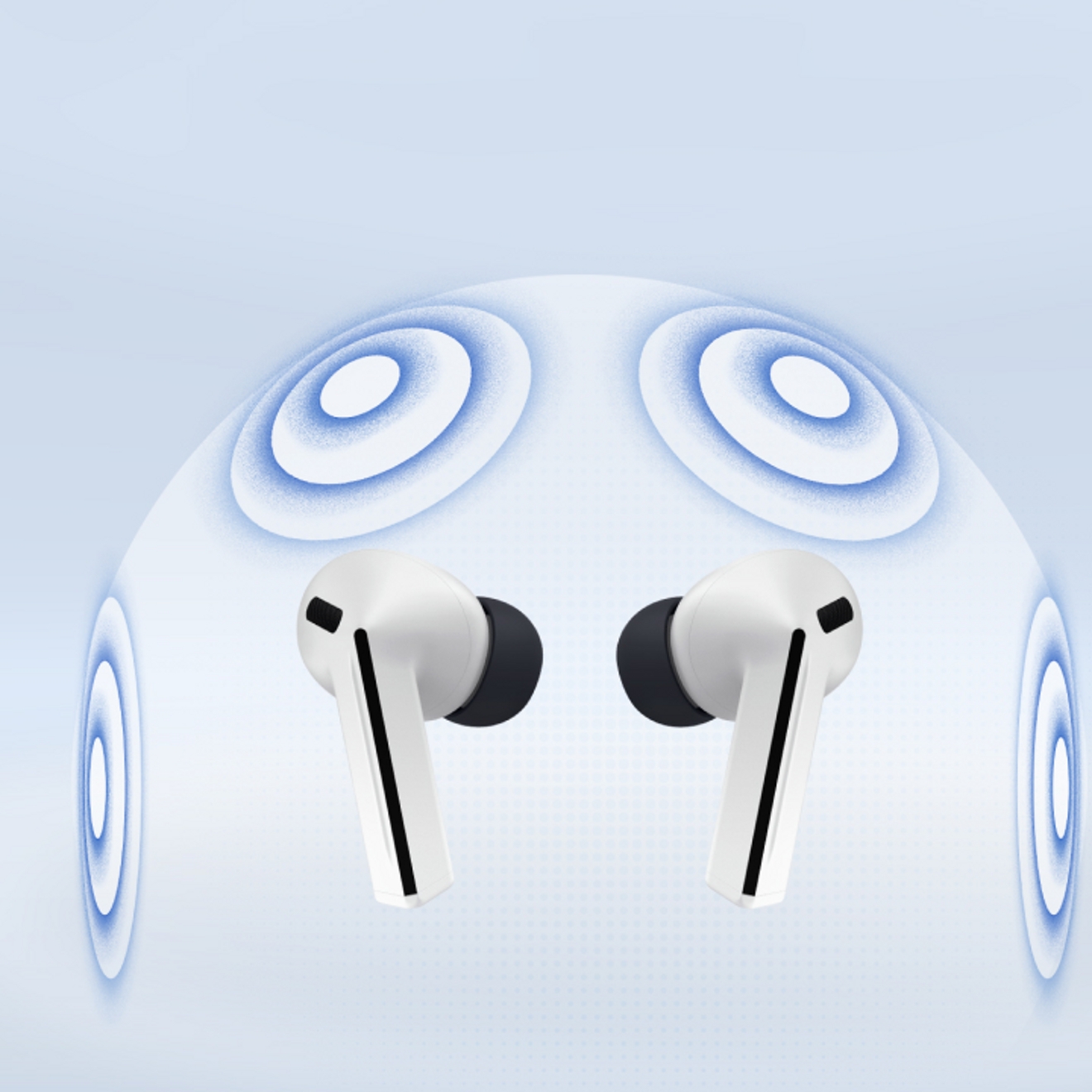 Galaxy Buds3 FE surrounded by audio waves on all sides.