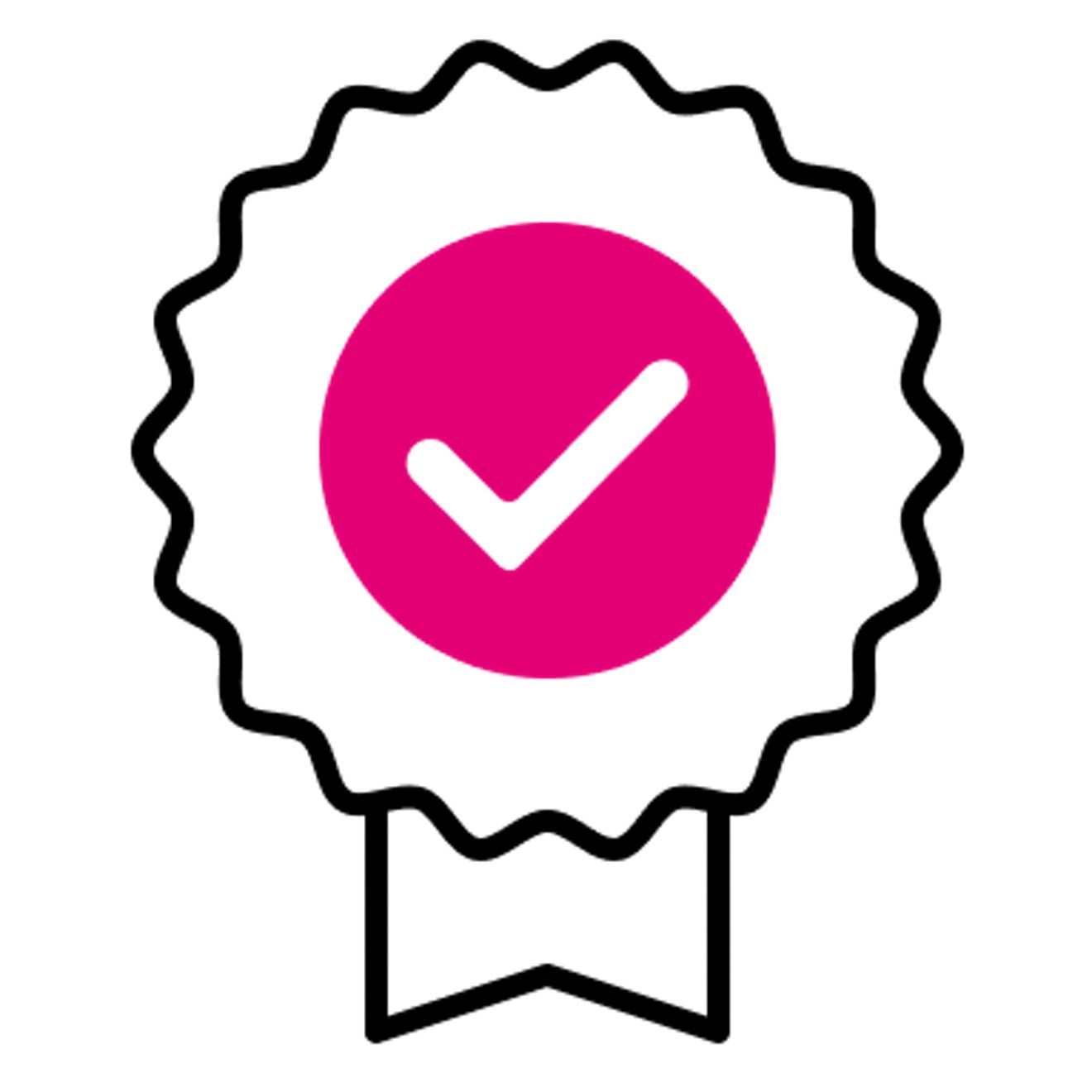 Award-winning ribbon with checkmark in magenta center. 