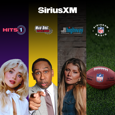 SiriusXM promotional collage featuring music and sports programming.