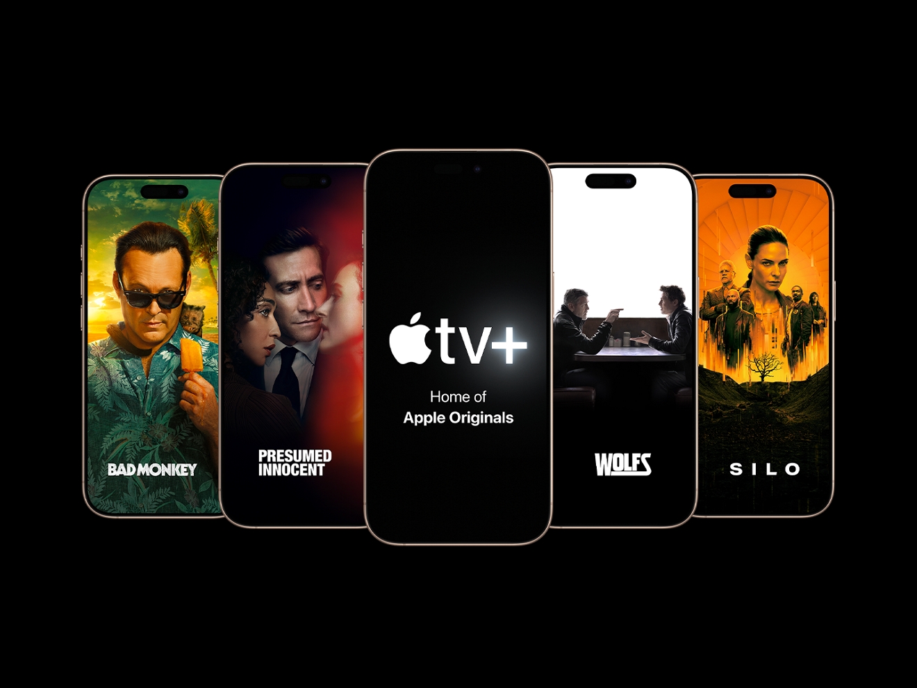 ​​​​​TV shows and movies on Apple TV Plus, featuring Bad Monkey, Presumed Innocent, Apple TV Plus, Home of Apple Originals, Wolfs, and Silo. ​​​​ 