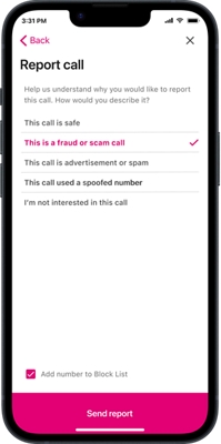 Pantalla de informes de la app ScamShield