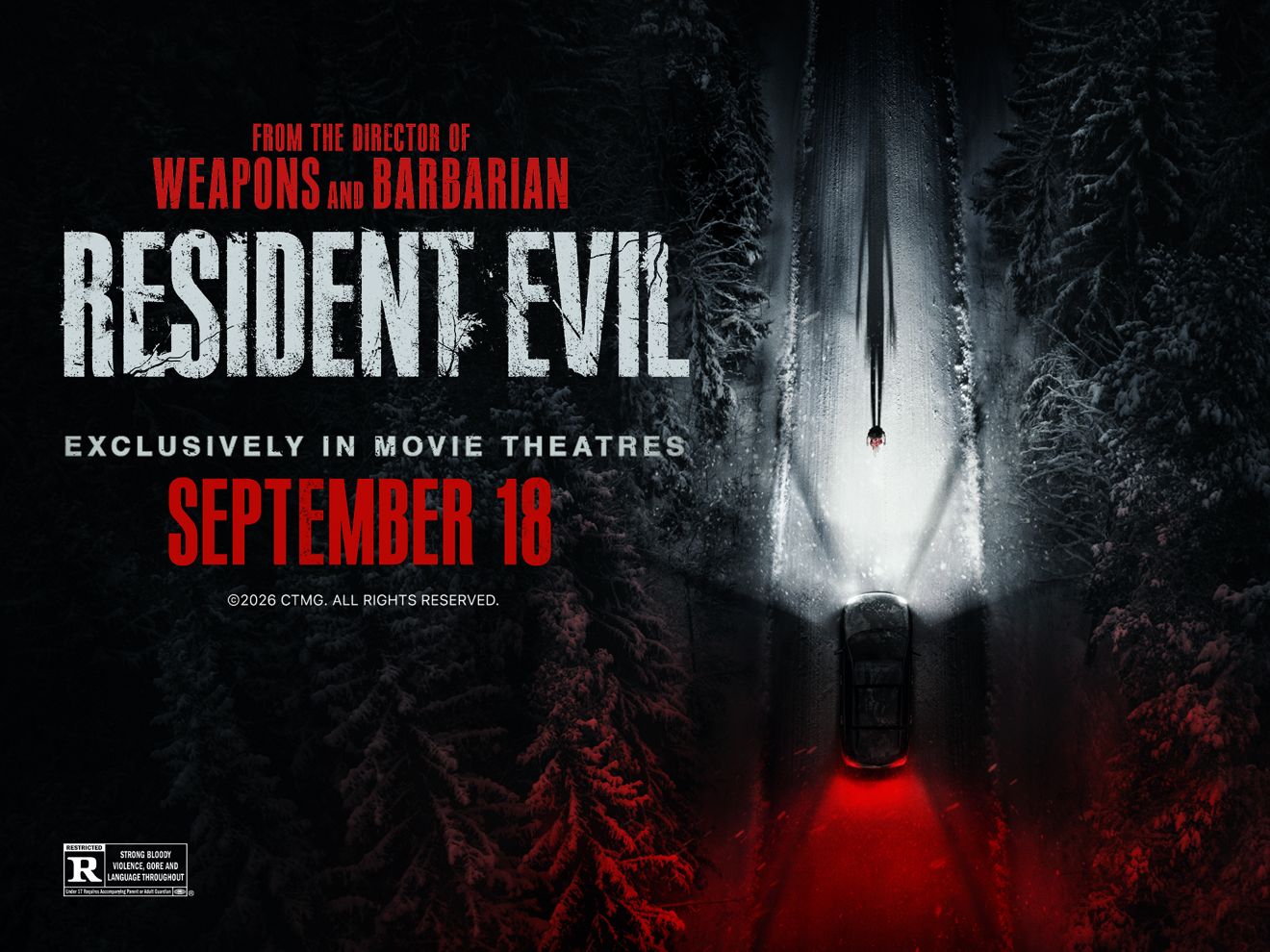 Bird’s-eye-view of a desolate wintry road with a person walking toward a car. From the director of Weapons and Barbarian, Resident Evil, exclusively in movie theatres September 18, rated R for strong bloody violence, gore and language throughout.