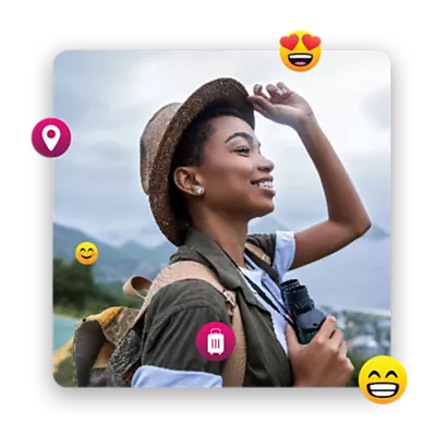 Lady lifting her hat to get a better view, with a tropical scenery in the background, surrounded by emojis.