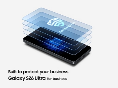 Transparent layers of Samsung Knox security atop a Galaxy S26 Ultra, built to protect your business.