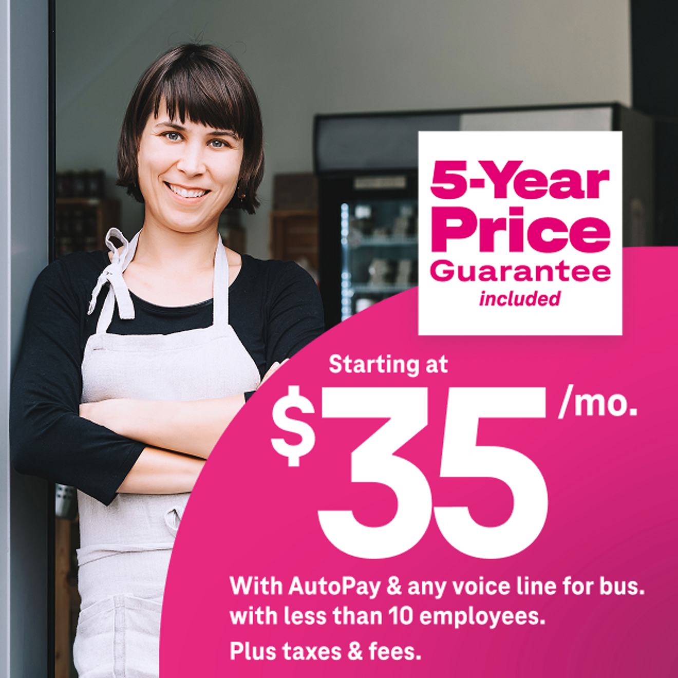 Woman in apron in front of store entrance