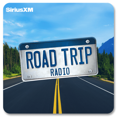 SiriusXM logo over a mountain highway and a license plate that says Road Trip Radio.