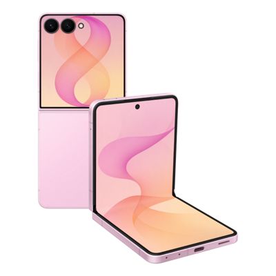 Samsung Galaxy Z Flip8 in pink, shown folded and partially open to highlight the dual cameras and flexible display.