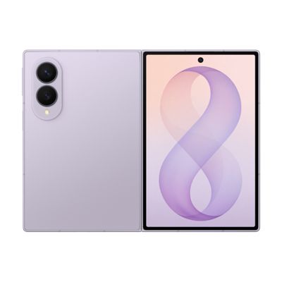 Samsung Galaxy Z Fold8 in light purple, shown front and back with a large foldable display and dual rear cameras.