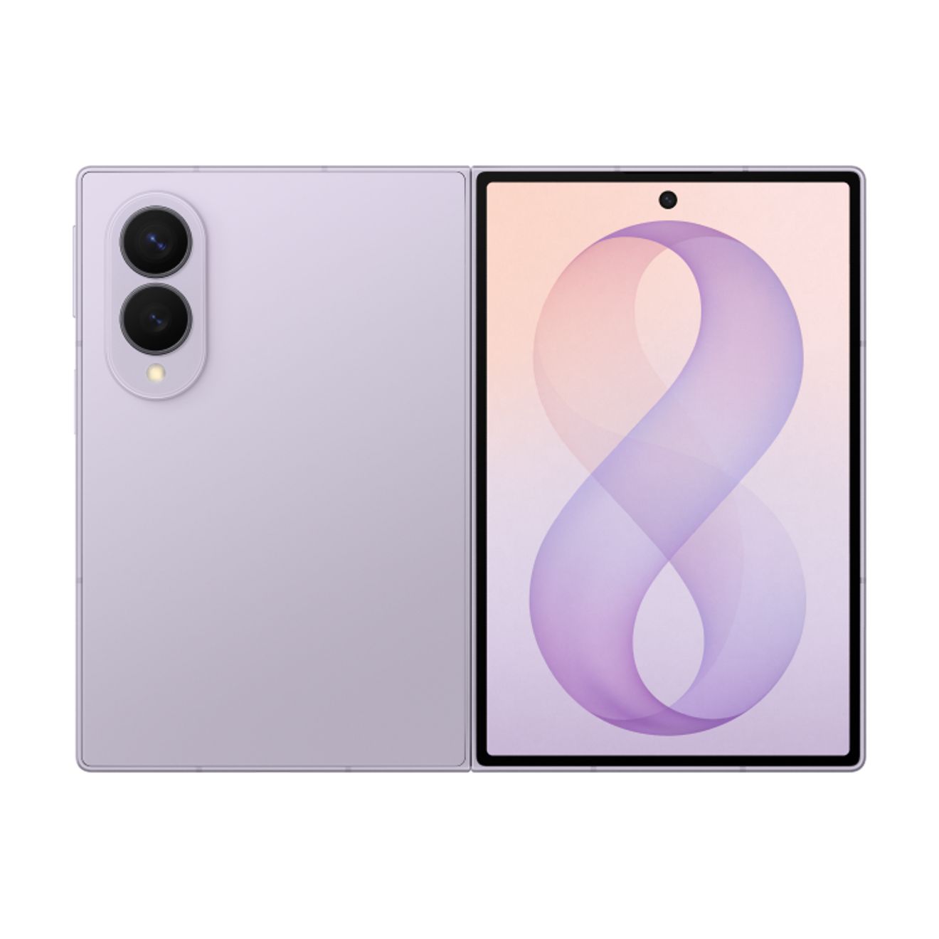 Samsung Galaxy Z Fold8 in light purple, shown front and back with a large foldable display and dual rear cameras.
