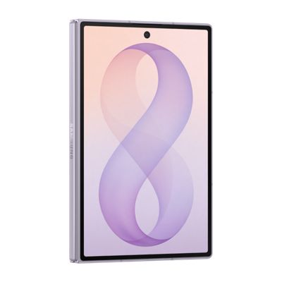 Samsung Galaxy Z Fold8 in light purple, shown closed from the side with a slim profile and large cover display.