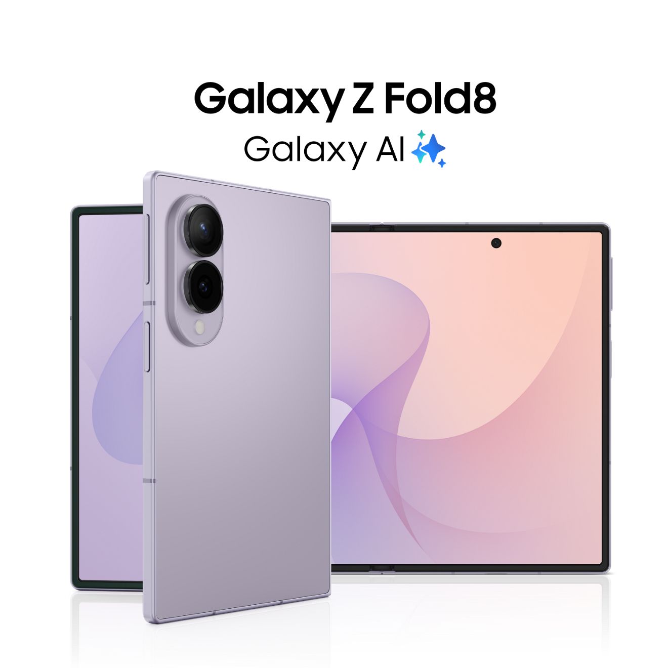 Samsung Galaxy Z Fold8 in light purple, shown open and closed to highlight the expansive foldable display and dual rear cameras.