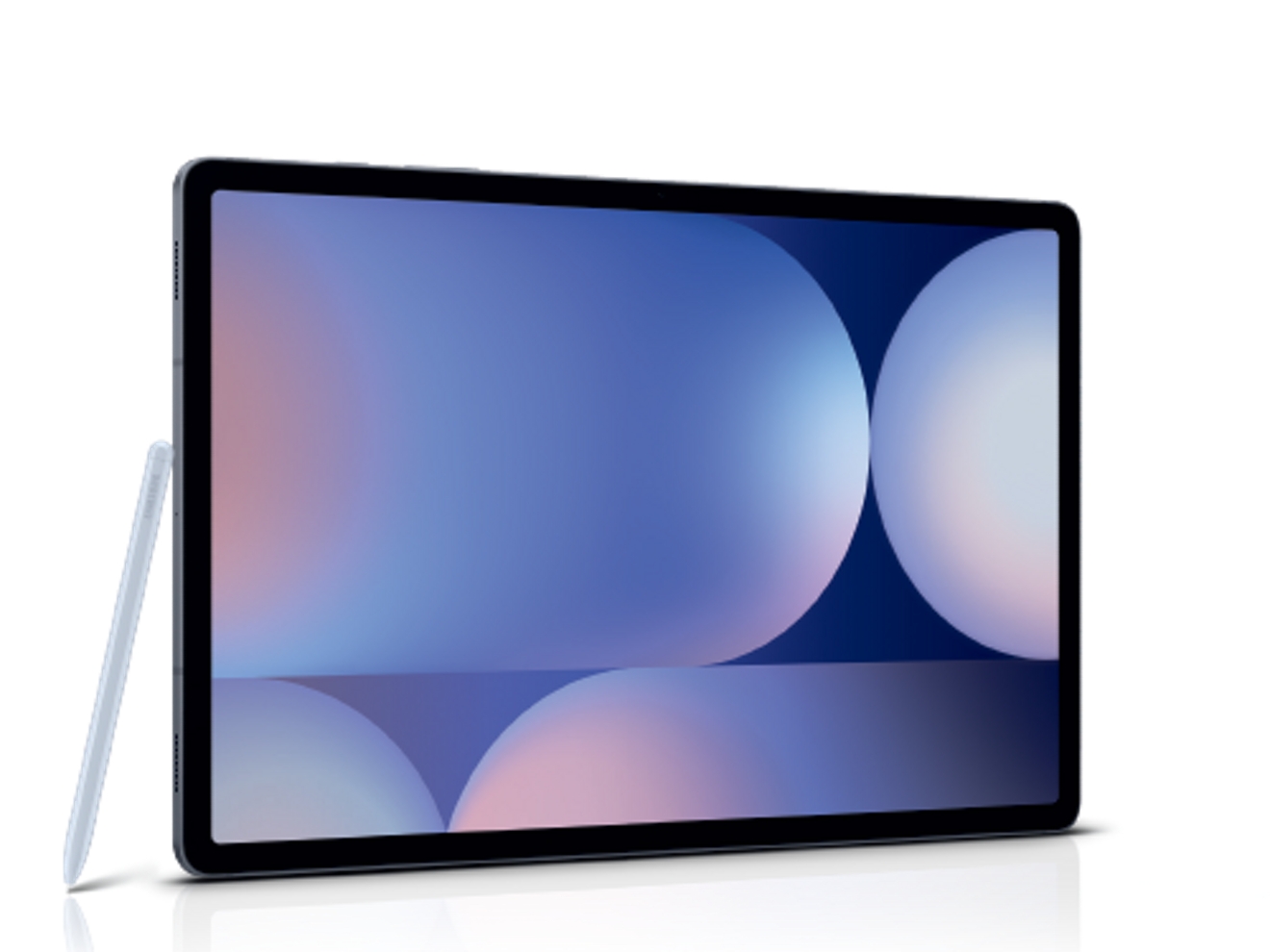 ​Galaxy Tab S10+ 5G facing forward with an abstract purple pattern on the screen.