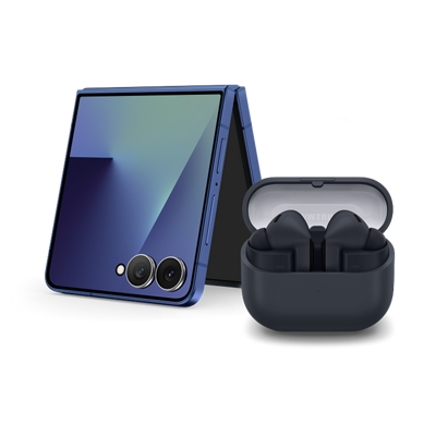 The front and back of a Samsung Z Flip 7 and Buds 3 FE. 