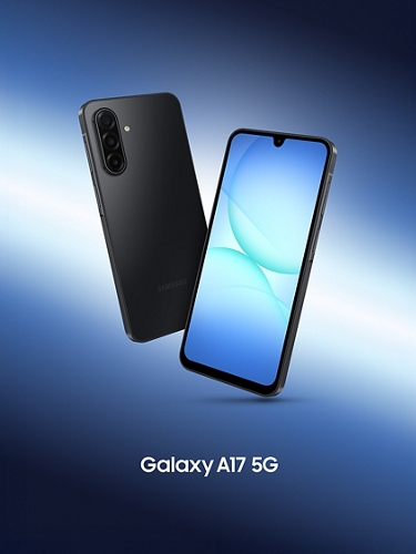 Two Galaxy A17 5G phones floating on a blue gradient background—one showing its bright screen, the other showing off the sleek black back.
