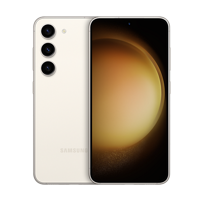 Samsung Galaxy S23 con pantalla brillante y sistema de tres cámaras.
