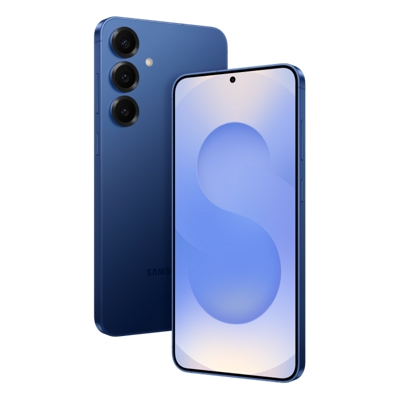 Two Galaxy S25+ in blue color, slightly angled. One facing forward and one backwards.