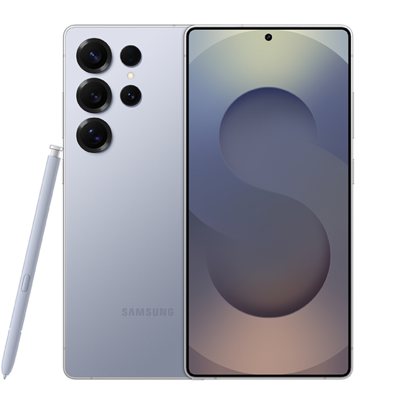 Two Galaxy S25 Ultra in gray color. One facing forward and one backwards. A stylus seats next to one of the devices.