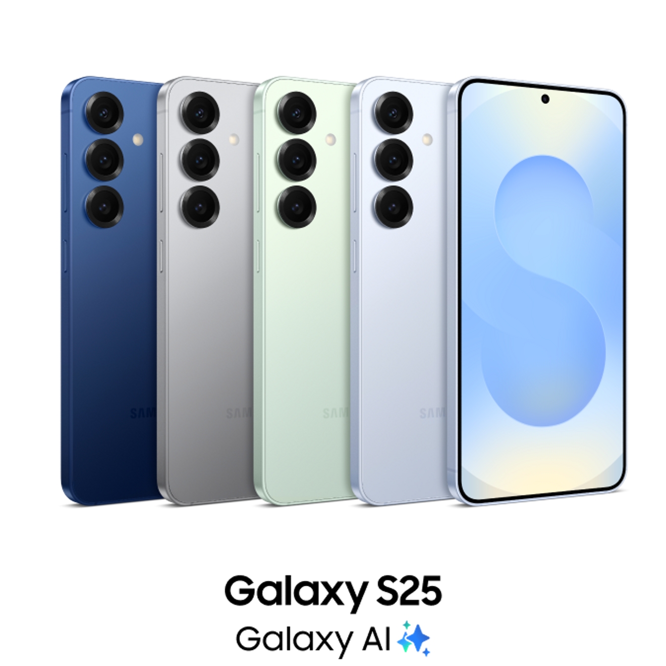 Two Galaxy S25 in ice blue color. One facing forward and one backwards.