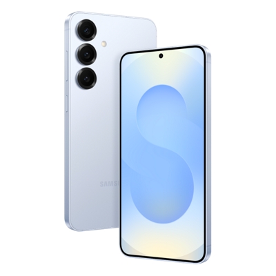 Dos teléfonos Galaxy S25+ color azul hielo colocados para mostrar la vista frontal y posterior.