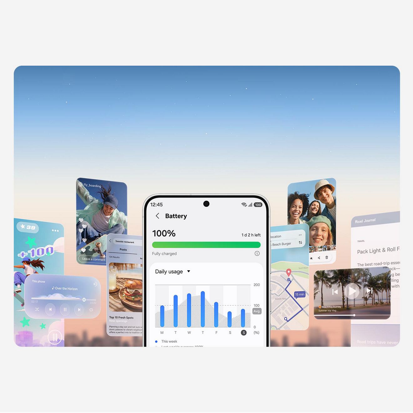 The Samsung Galaxy S26 FE displays the battery life on the screen. App cards of entertainment, travel, photos, and navigation are floating around it.