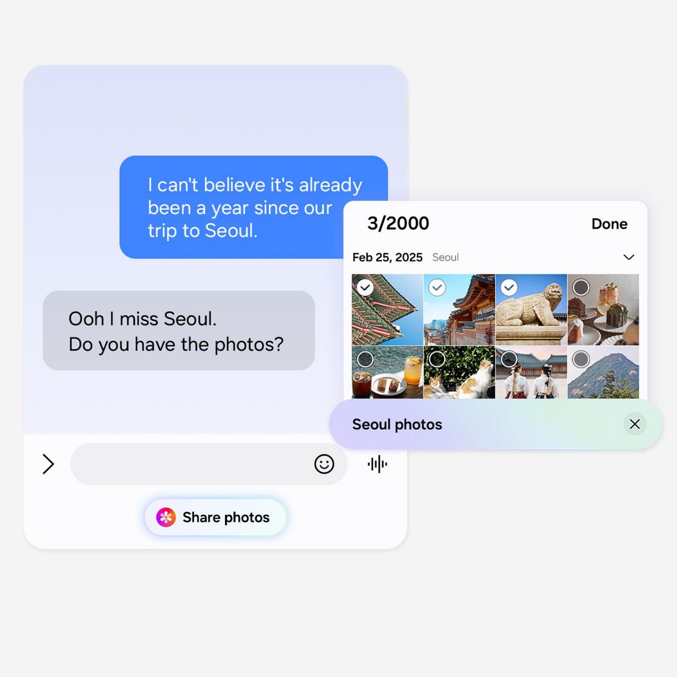 A chat conversation shows a prompt to share photos from a Seoul trip, alongside an AI photo picker with selected Seoul images.