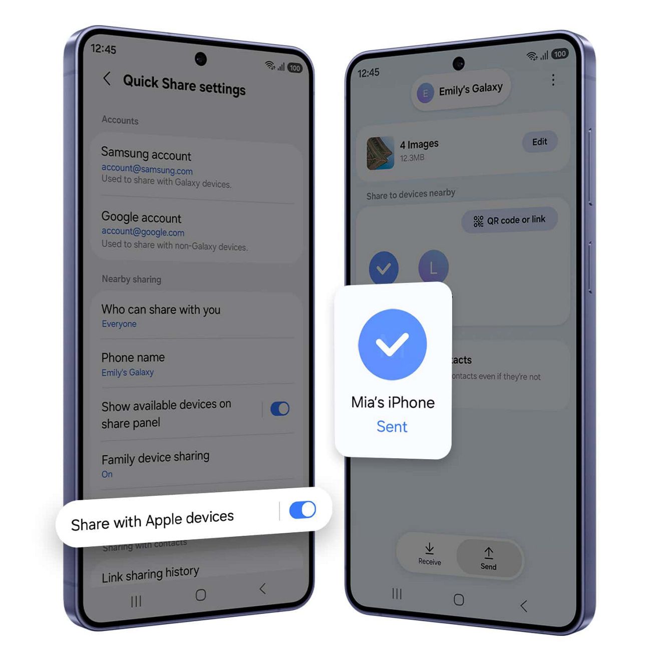Samsung Quick Share showing four images successfully sent to Mia's iPhone, with Share with Apple devices turned on.