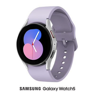Samsung Galaxy Watch5 on a lavender background. 