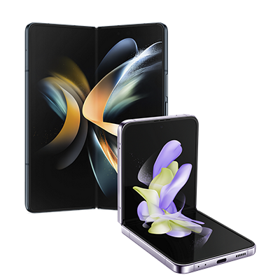 Samsung Galaxy Z Fold4 and Flip4 phones open and turned on with colorful, graphic flowers on screens.