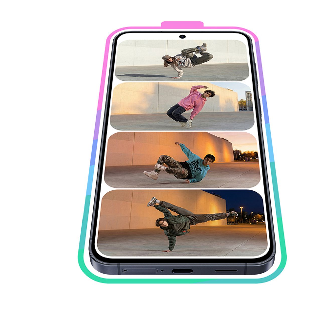 Galaxy A57 5G phone displaying a range of high-quality images.