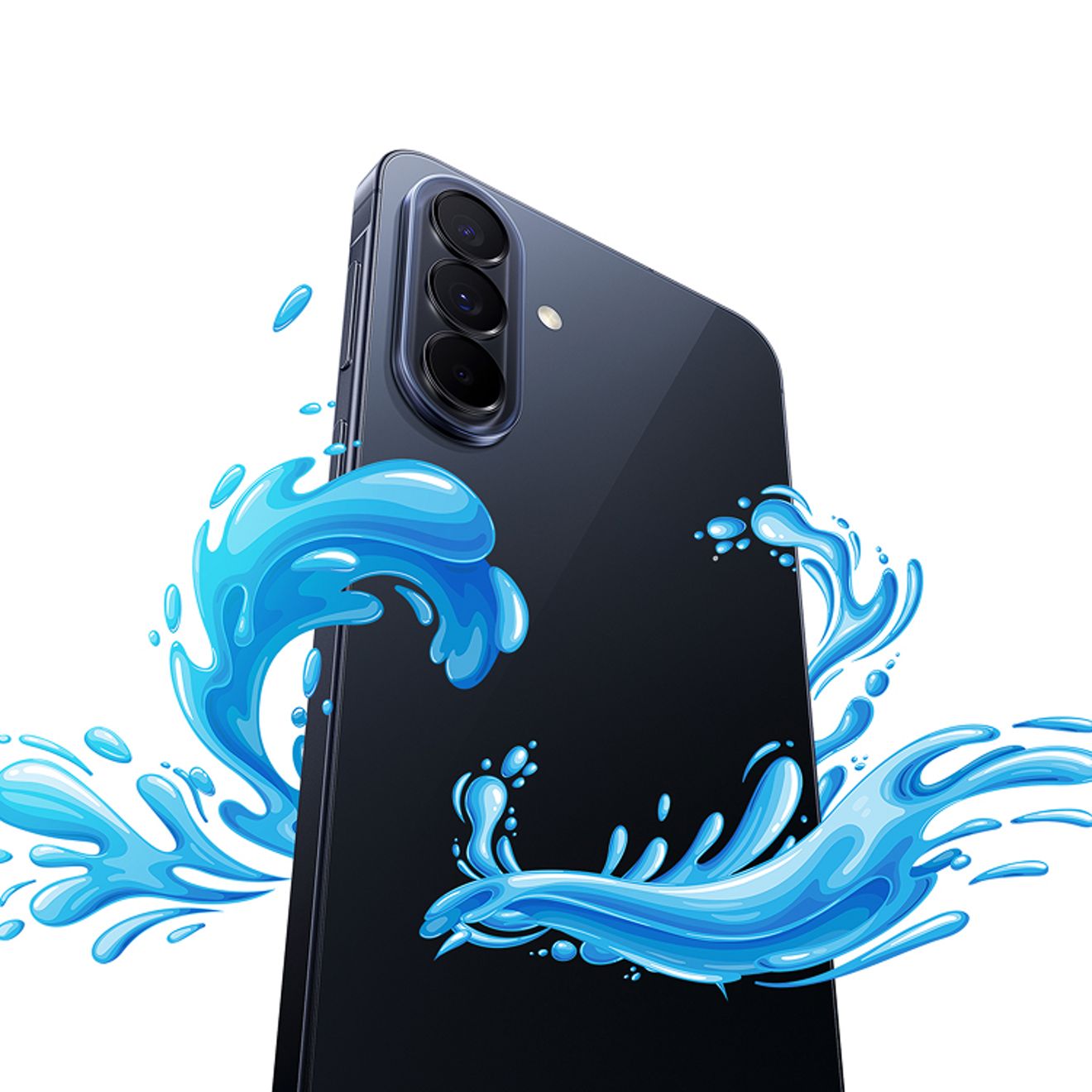 Galaxy A57 5G phone surrounded by water graphics.