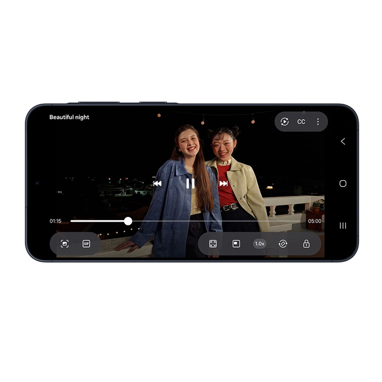 Landscape orientation view of the Galaxy A57 5G showing low-light video functions.