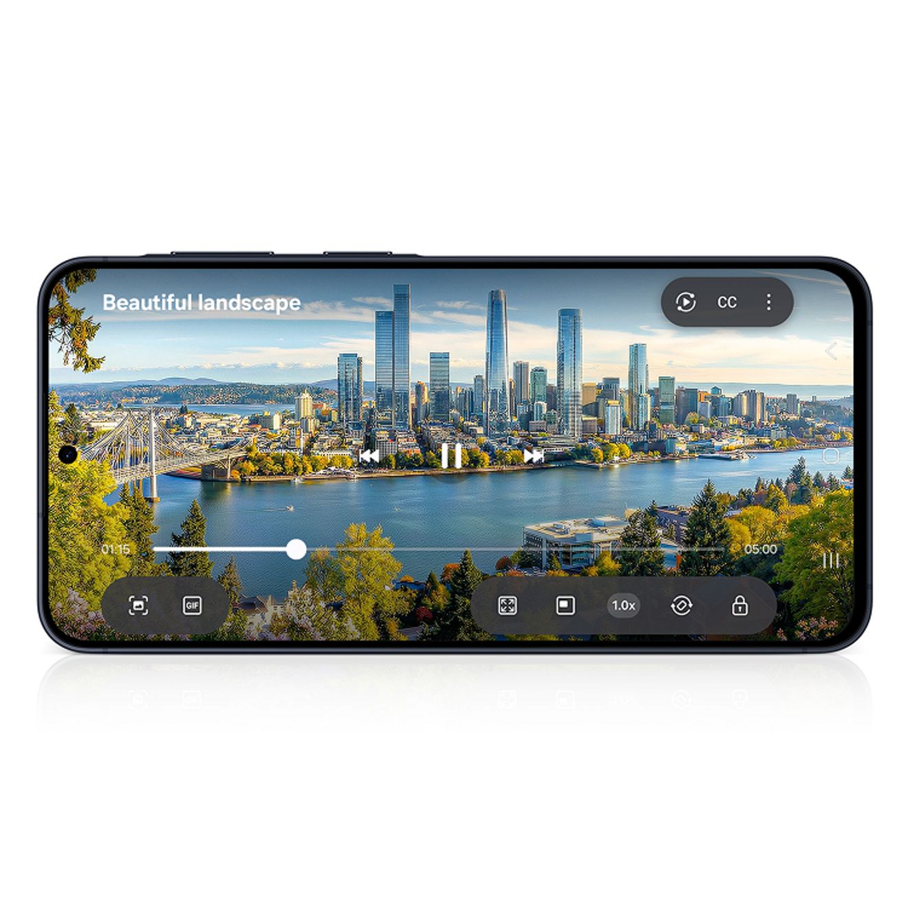 Landscape orientation view of the Galaxy A57 5G playing a video.