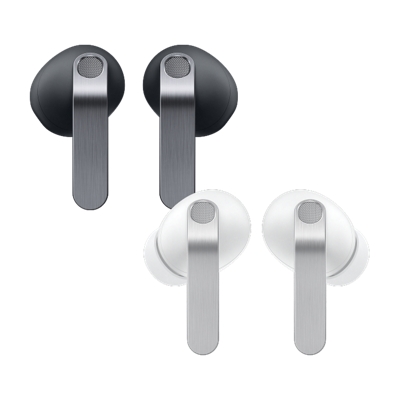 The back of a white pair and a black pair of Galaxy Buds4